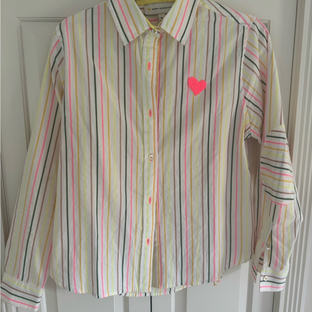 Button-Down Stripe Shirt with Neon Pink Heart Patch